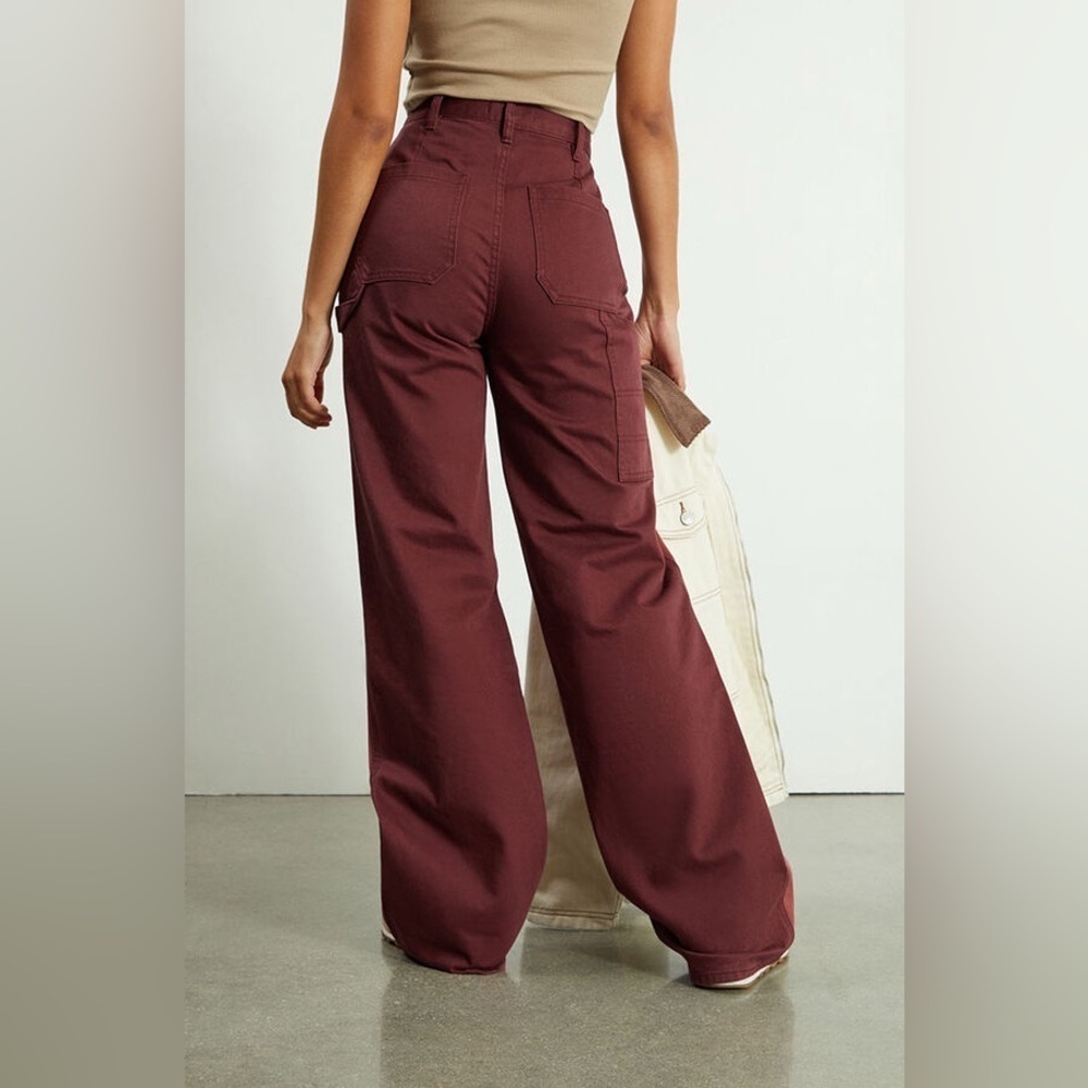 Maroon Burgundy High Rise wide leg baggy Flare Carpenter Jeans Pants twotoned 24 - Picture 3 of 11